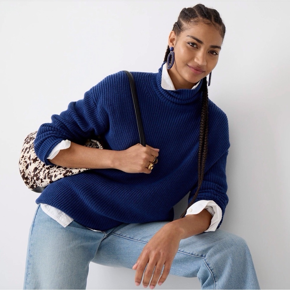 J. Crew Women’s Blue Ribbed Cotton/Cashmere Blend Relaxed Turtleneck Sweater XXS